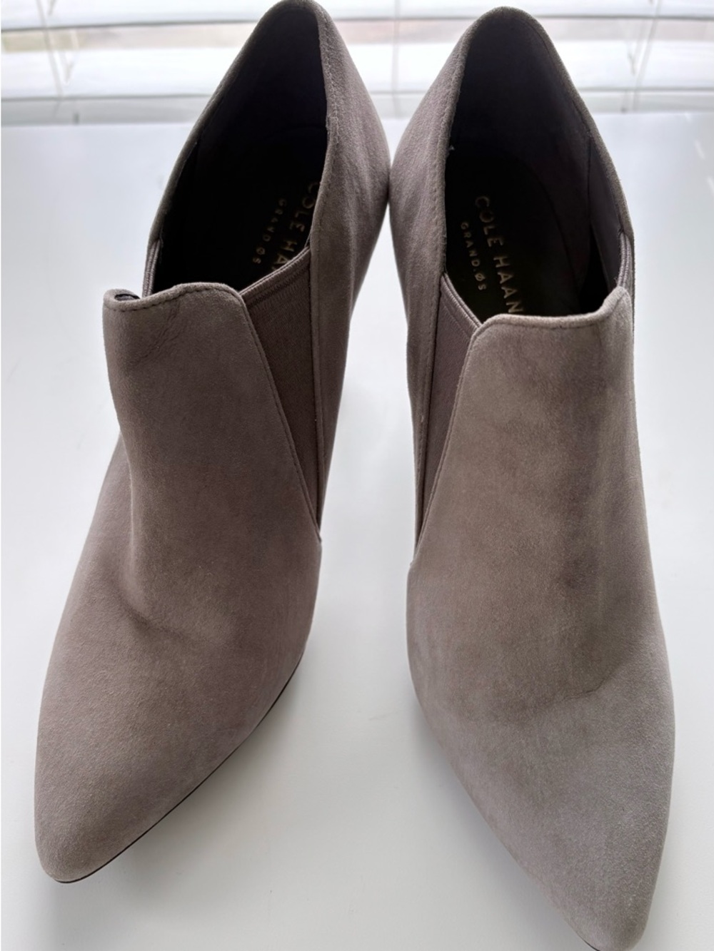 Cole Haan Taupe/Gray Suede Pointed Ankle Booties, 6B